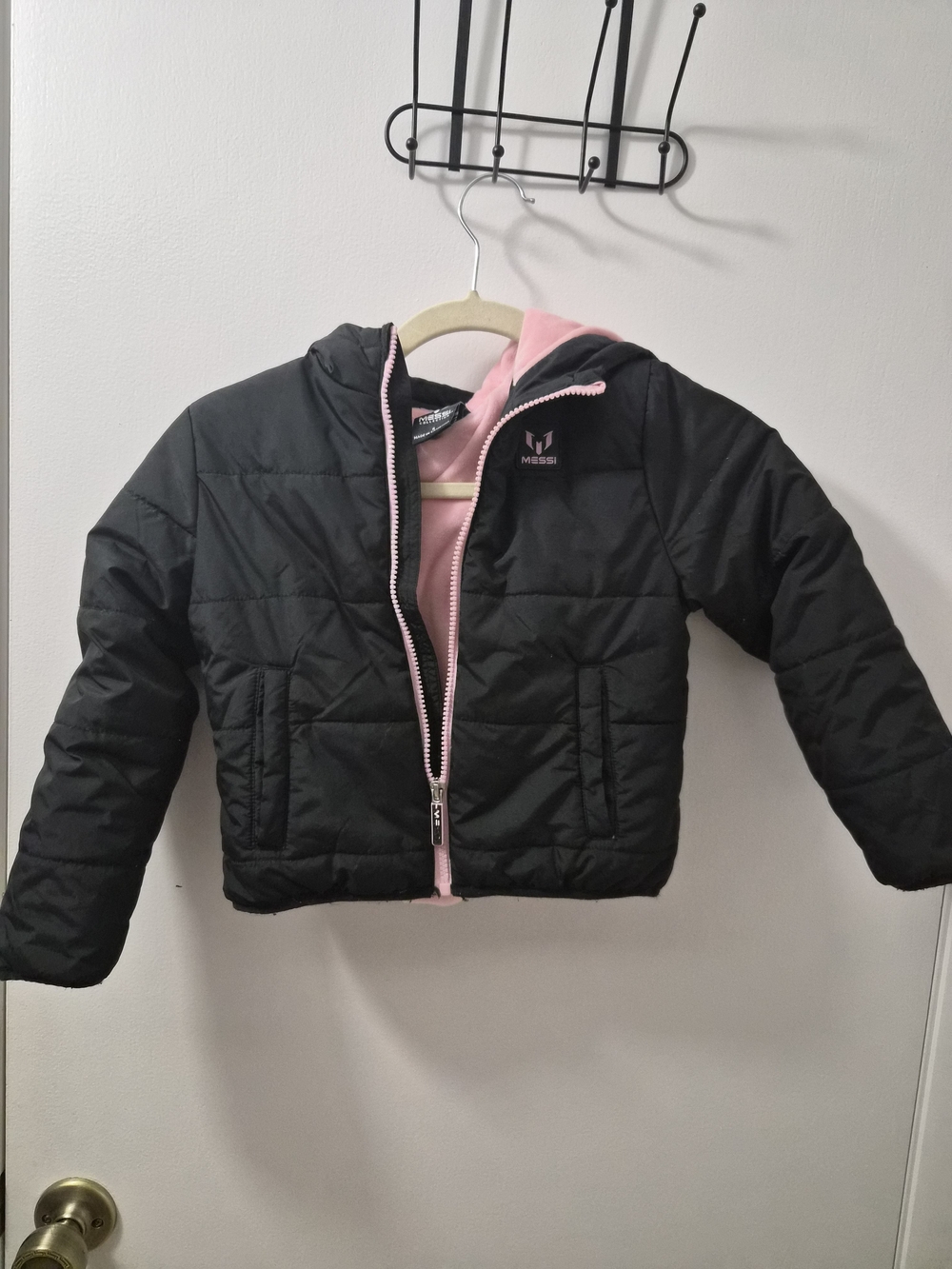 Messi Kids' Black Puffer Jacket with Pink Lining and Hood